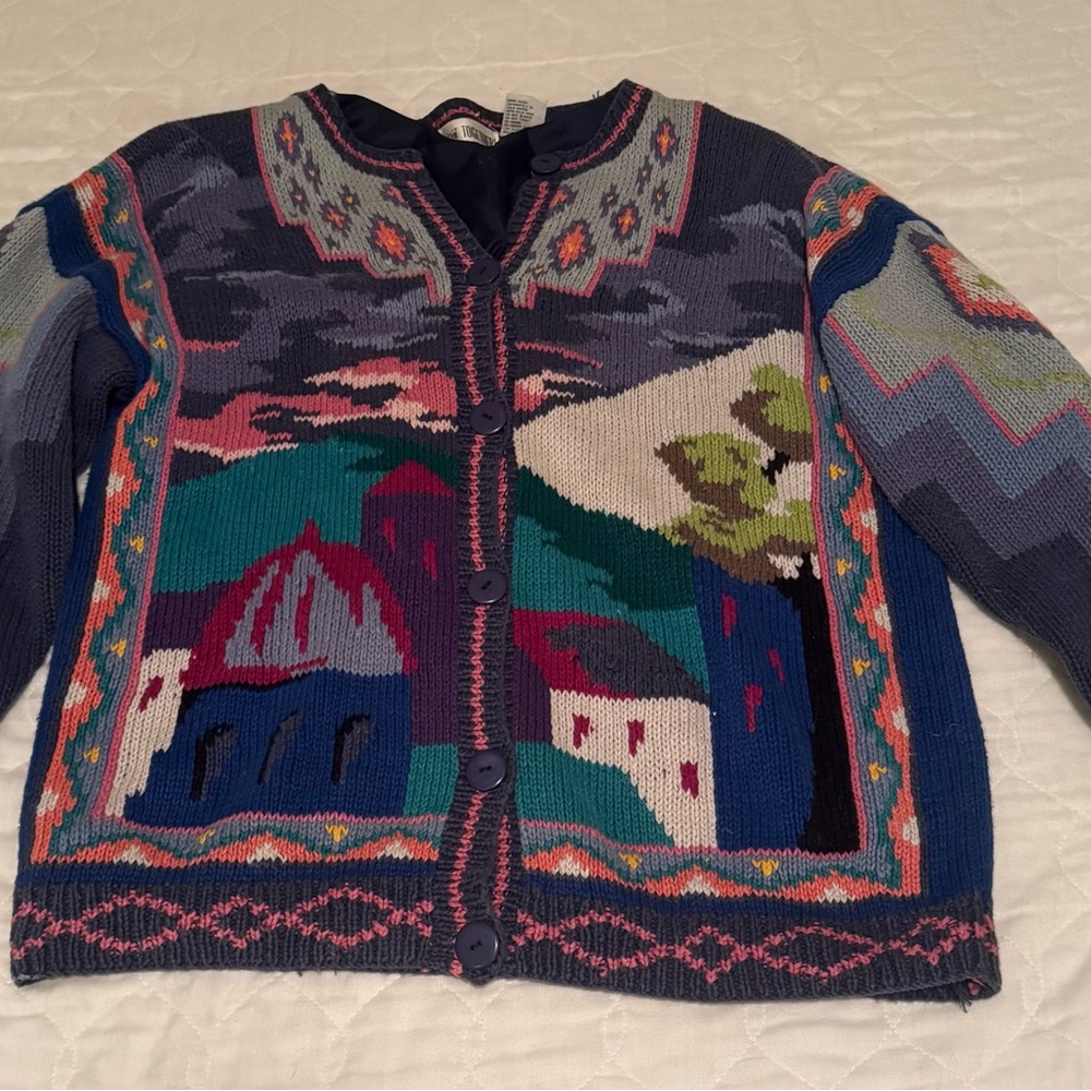 Colorful Knit Cardigan with Scenic Psychedelic Trippy Design